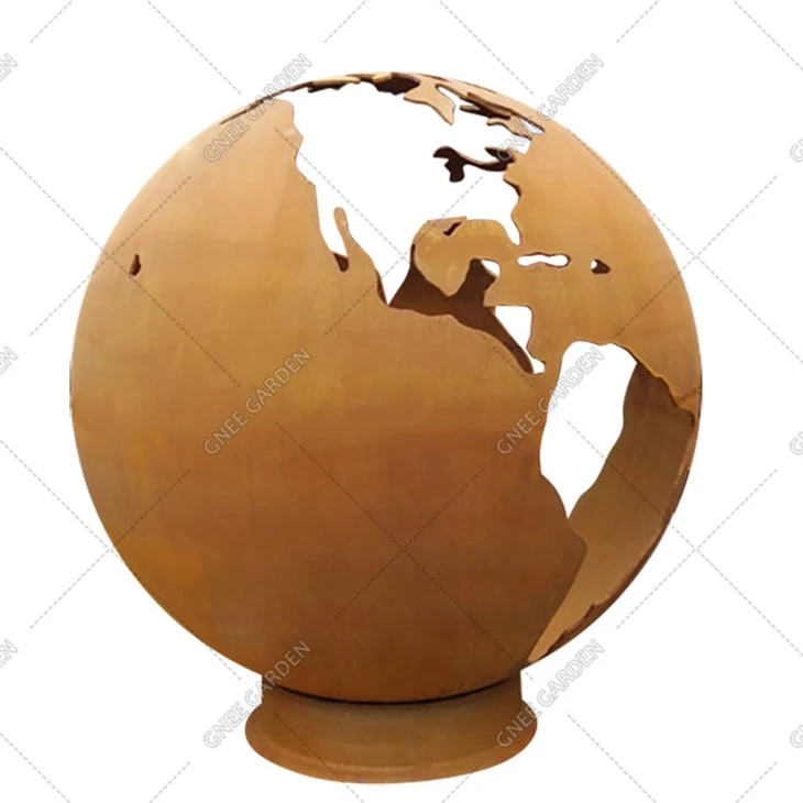 Cov Muag Khoom Zoo Tshaj Plaws Antique Hlau Globe Hluav Taws Kub Qhov Corten Steel Hluav Taws Xob Sphere