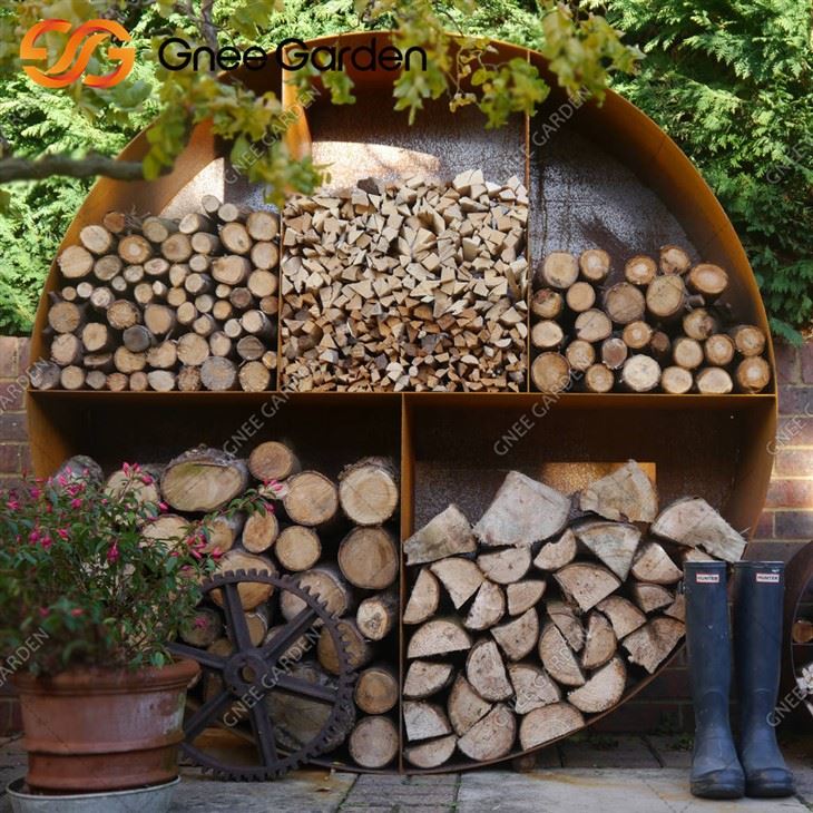 Outdoor Rusted Corten Steel Round Wood Storage Rack