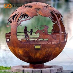 Round Tsiaj Corten Steel Firepit Kangas Sphere Hluav Taws Kub Brazier
