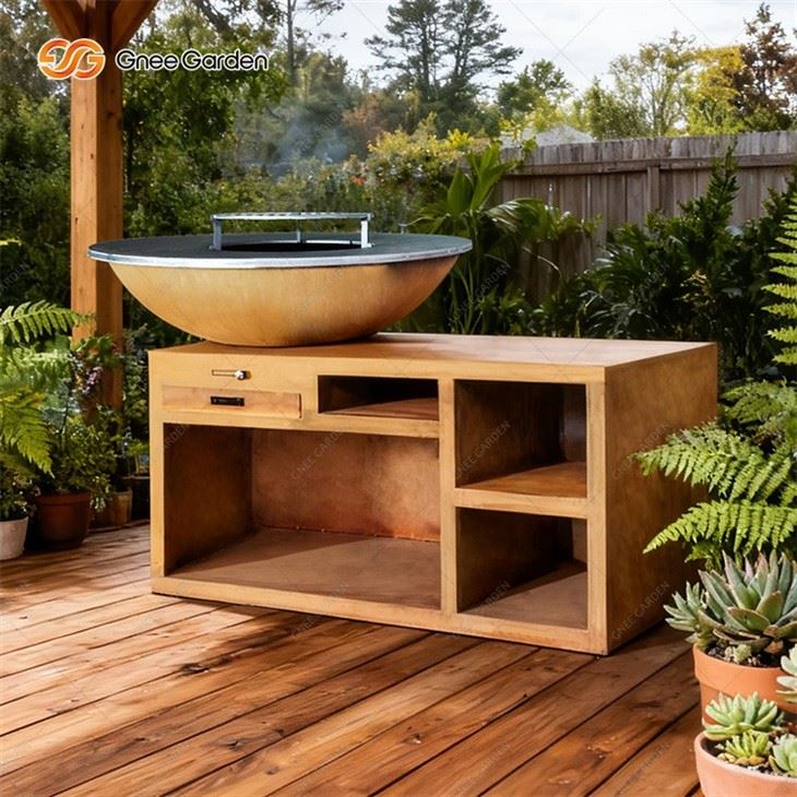Outdoor Activities Corten Steel Grill Barbecue with Storage Space